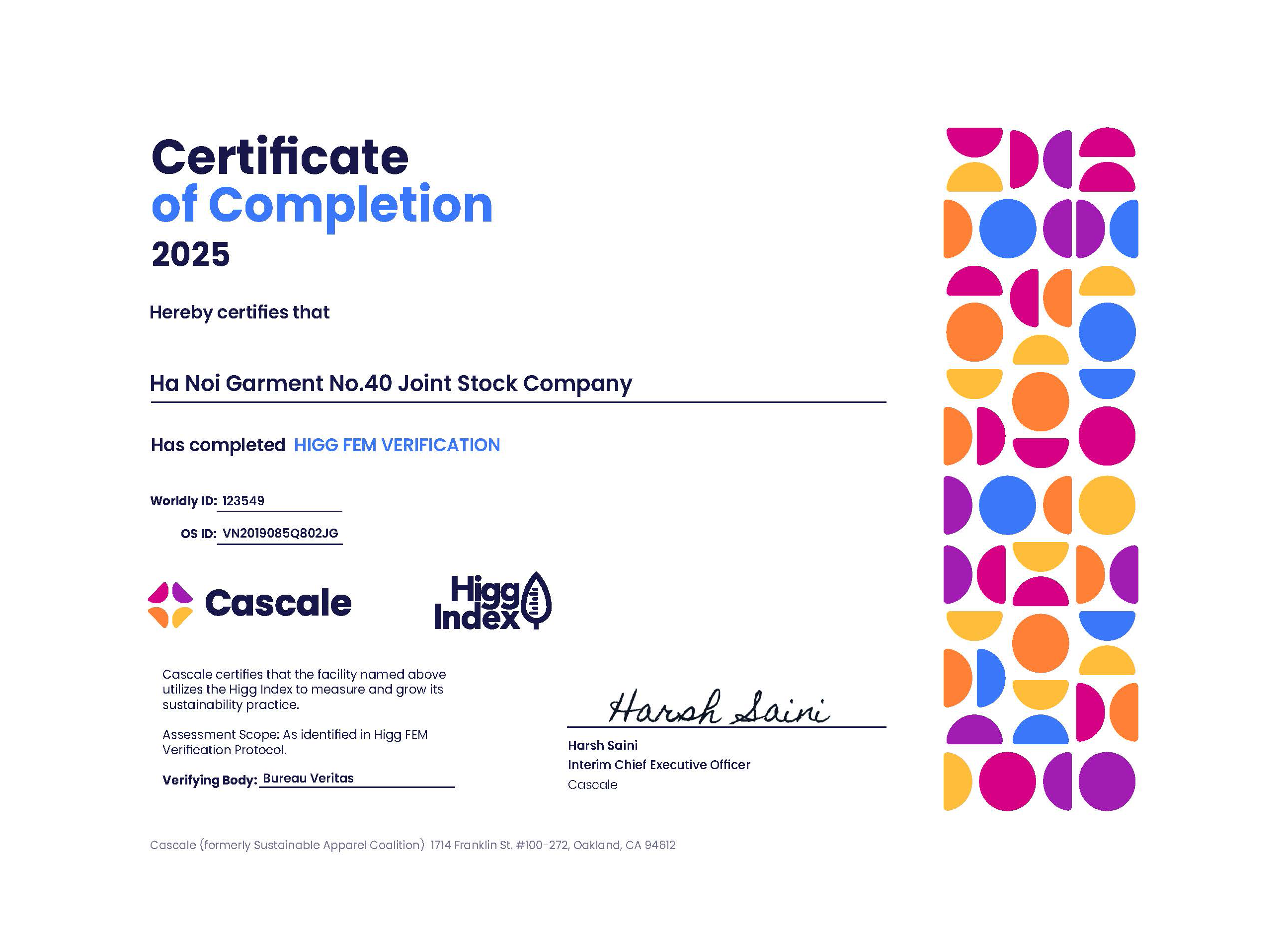 Chứng nhận Higg FEM verification_G40