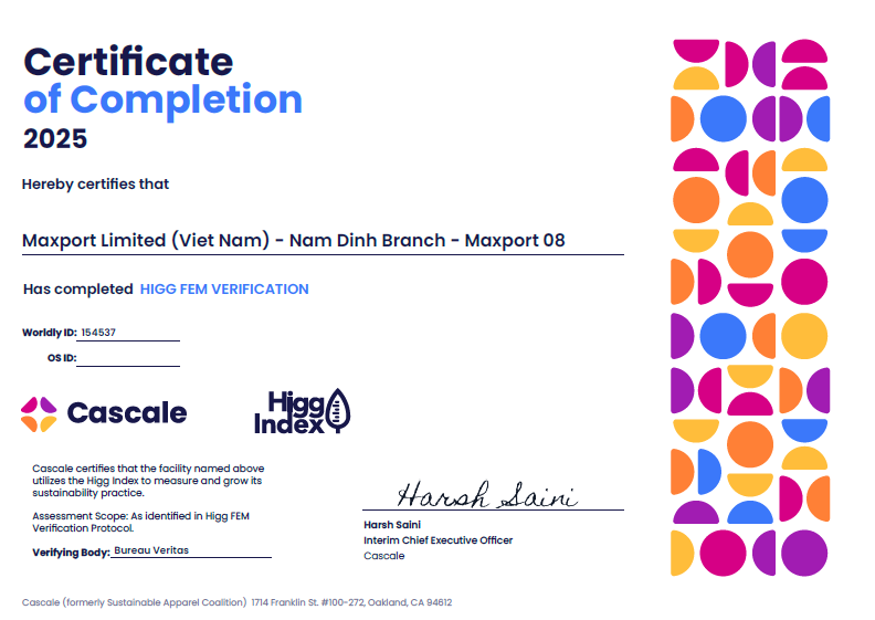 Chứng nhận Higg FEM verification_ Maxport 08