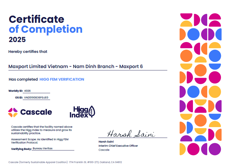 Chứng nhận Higg FEM verification_ Maxport 06
