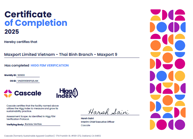 Chứng nhận Higg FEM verification_ Maxport 09